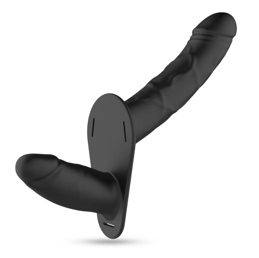 Strap-on Dublu Crushious Labionda 10 Moduri Vibratii, Remote Control, Silicon, USB, Negru, 15.5 cm, #2, Erotic24.ro