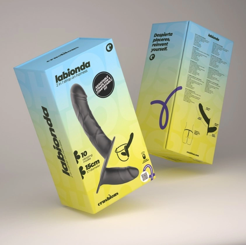 Strap-on Dublu Crushious Labionda 10 Moduri Vibratii, Remote Control, Silicon, USB, Negru, 15.5 cm, #12, Erotic24.ro