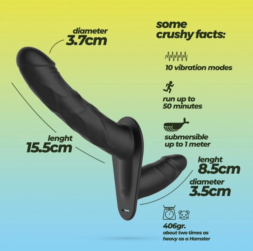 Strap-on Dublu Crushious Labionda 10 Moduri Vibratii, Remote Control, Silicon, USB, Negru, 15.5 cm, #10, Erotic24.ro