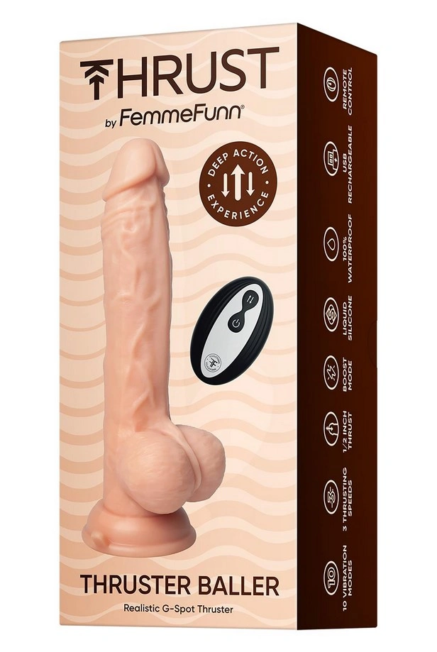Vibrator Realist Thruster Baller FemmeFunn, Remote Control, 10 Moduri Vibratii, 3 Viteze Impingere, Silicon Lichid, USB, Natural, 22.3 cm, #7, Erotic24.ro