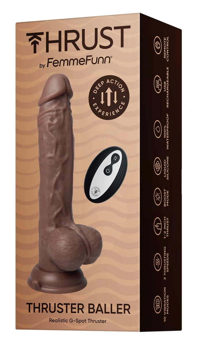 Vibrator Realist Thruster Baller FemmeFunn, Remote Control, 10 Moduri Vibratii, 3 Viteze Impingere, Silicon Lichid, USB, Maro, 22.3 cm, #8, Erotic24.ro