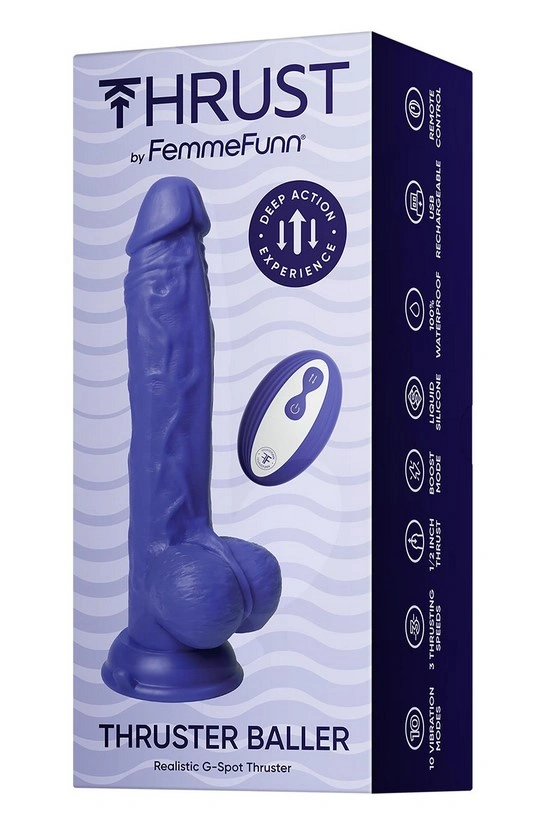 Vibrator Realist Thruster Baller FemmeFunn, Remote Control, 10 Moduri Vibratii, 3 Viteze Impingere, Silicon Lichid, USB, Mov Inchis, 22.3 cm, #7, Erotic24.ro
