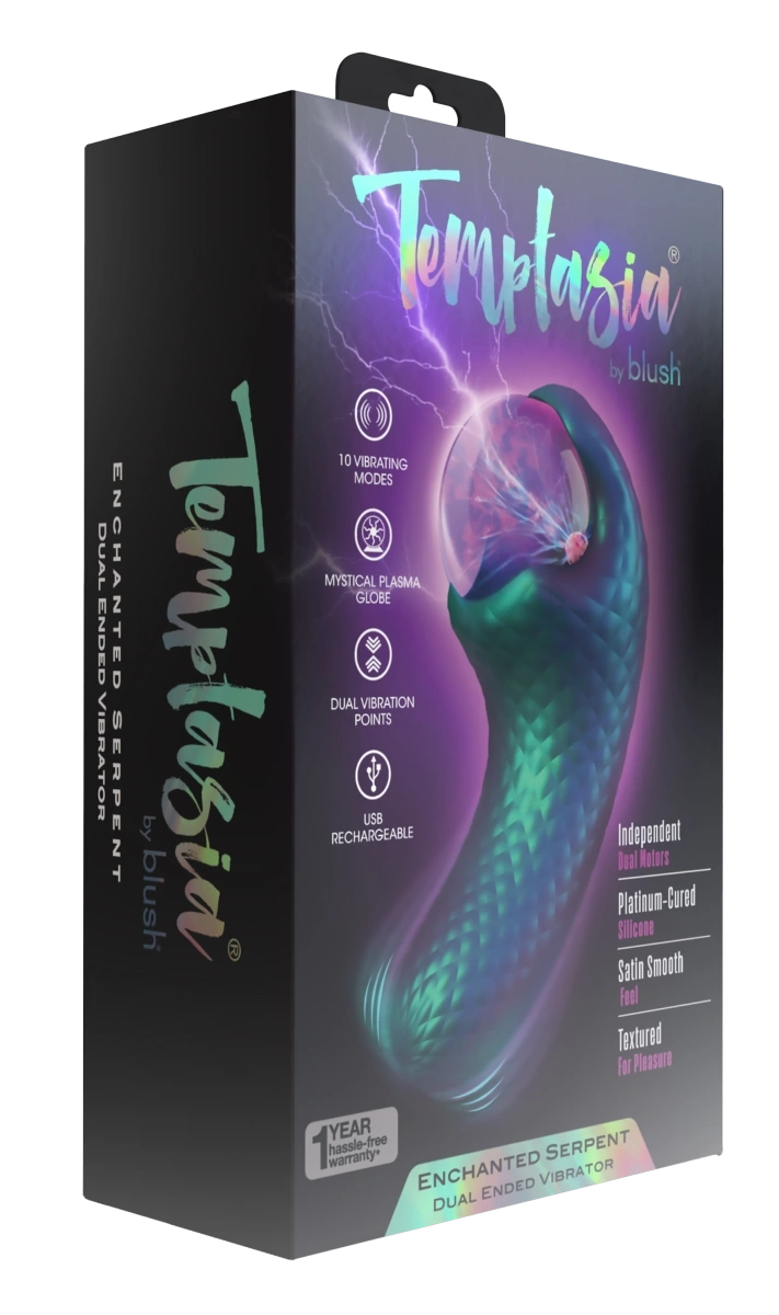 Stimulator Dual Enchanted Serpent, Glob cu Plasma, 10 Moduri Vibratii, Silicon Platinum, USB, Verde, 14 cm, #14, Erotic24.ro