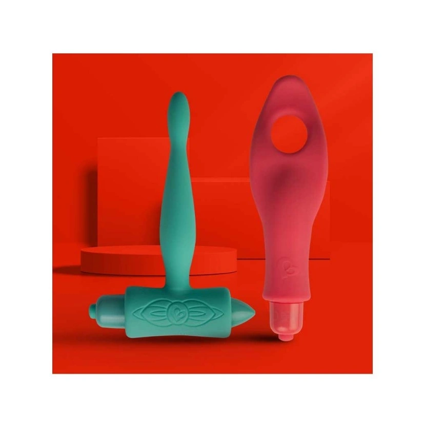 Set Touch Me Vibrator Anal si Vibrator Finger, 7 Moduri Vibratii, Silicon, Rosu/Verde, #1, Erotic24.ro