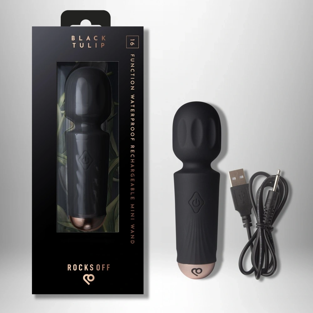 Vibrator Mini Wand Black Tulip, 16 Moduri Vibratii, Silicon, USB, Negru, 11.5 cm, Nr. 10, Erotic24.ro