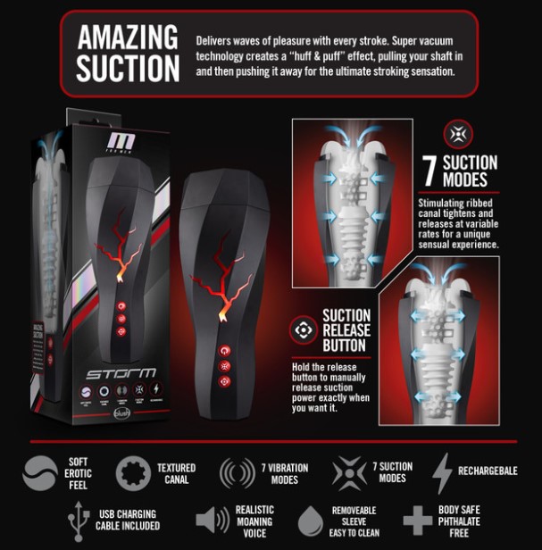 Masturbator Storm, 7 Moduri Vibratii,7 Moduri Suctiune, TPE, USB, 28.5 cm, Nr. 7, Erotic24.ro