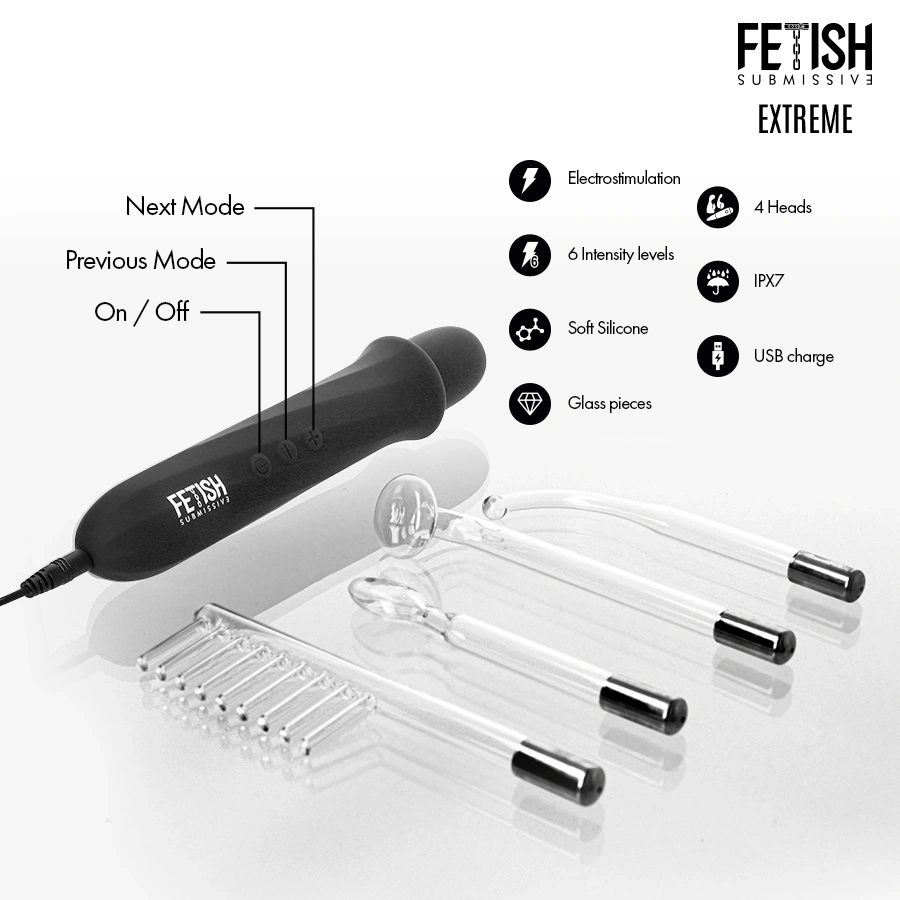 Stimulator cu 6 Trepte de Electrostimulare, 4 Capate Interschimbabile, Silicon, Sticla, USB, Negru, #3, Erotic24.ro