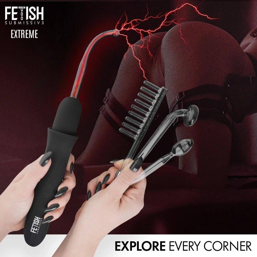 Stimulator cu 6 Trepte de Electrostimulare, 4 Capate Interschimbabile, Silicon, Sticla, USB, Negru, #5, Erotic24.ro