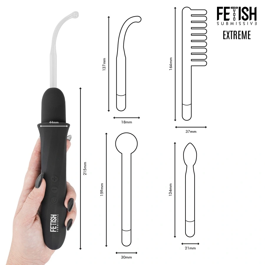 Stimulator cu 6 Trepte de Electrostimulare, 4 Capate Interschimbabile, Silicon, Sticla, USB, Negru, #2, Erotic24.ro