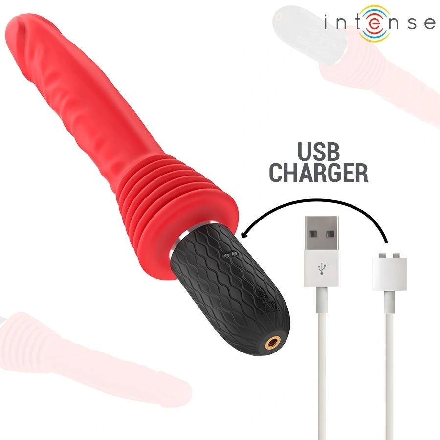 Vibrator Cynthia cu Ventuza detasabila, Remote Control, 10 Moduri Vibratii, 10 Moduri Impingere, Functie Incalzire, Silicon, USB, Rosu, 31 cm, #9, Erotic24.ro