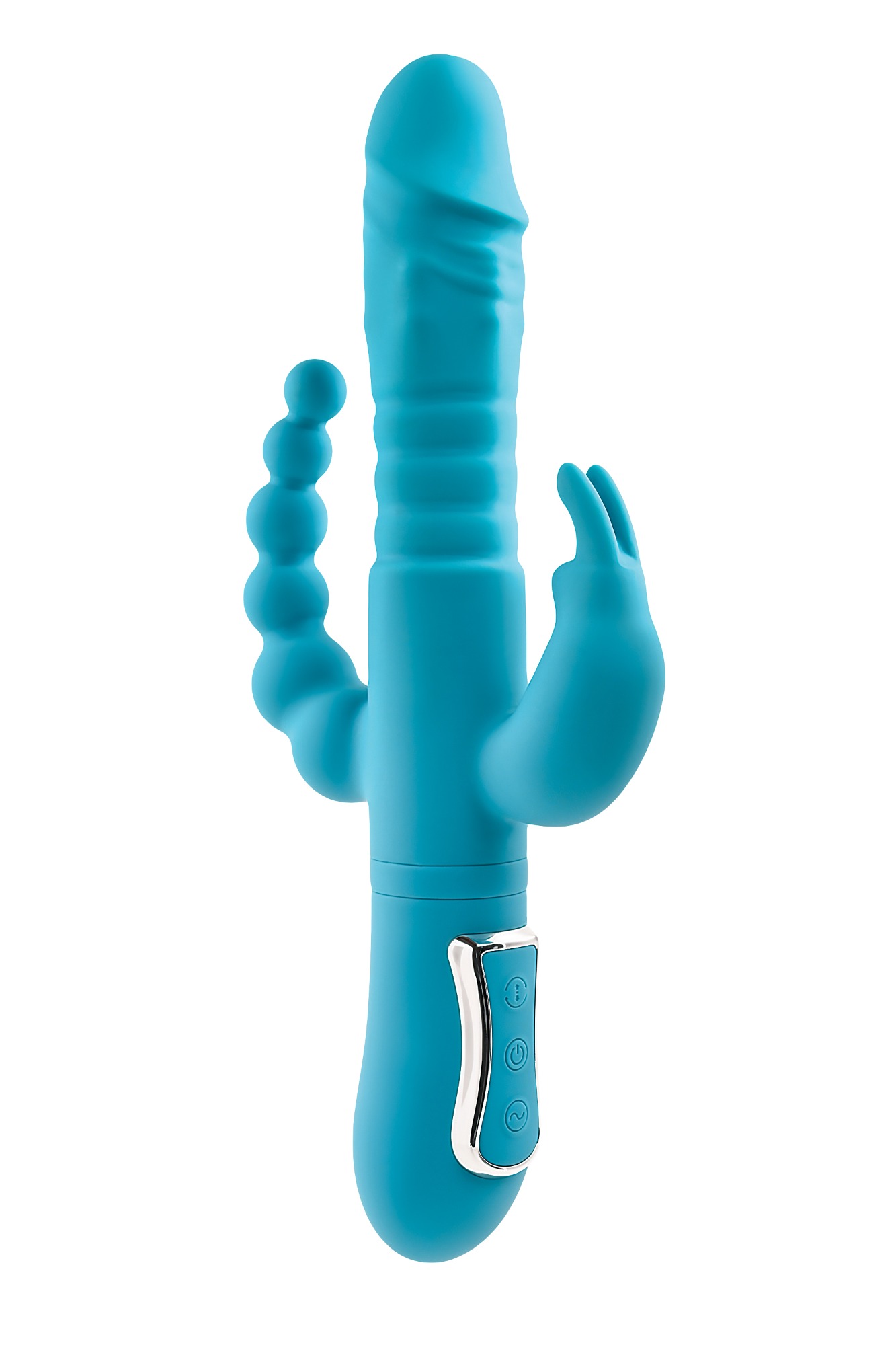 Vibrator Thrusting Triple Joy Rabbit, 10+3 Moduri Stimulatoare, Silicon, USB, Albastru, 25.4 cm