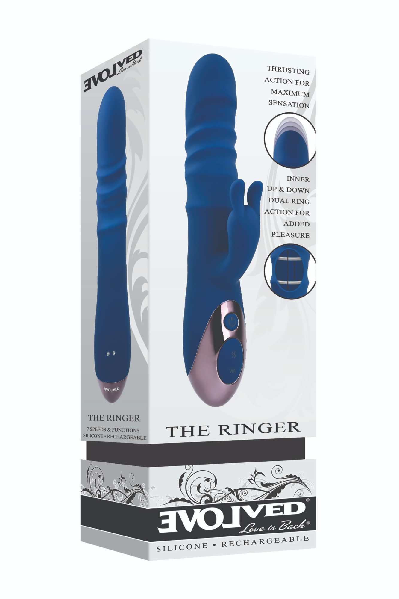 Vibrator Iepuras The Ringer 10 Moduri Stimulatoare, Thrusting, Silicon, USB, Albastru, 23.8 cm, #10, Erotic24.ro
