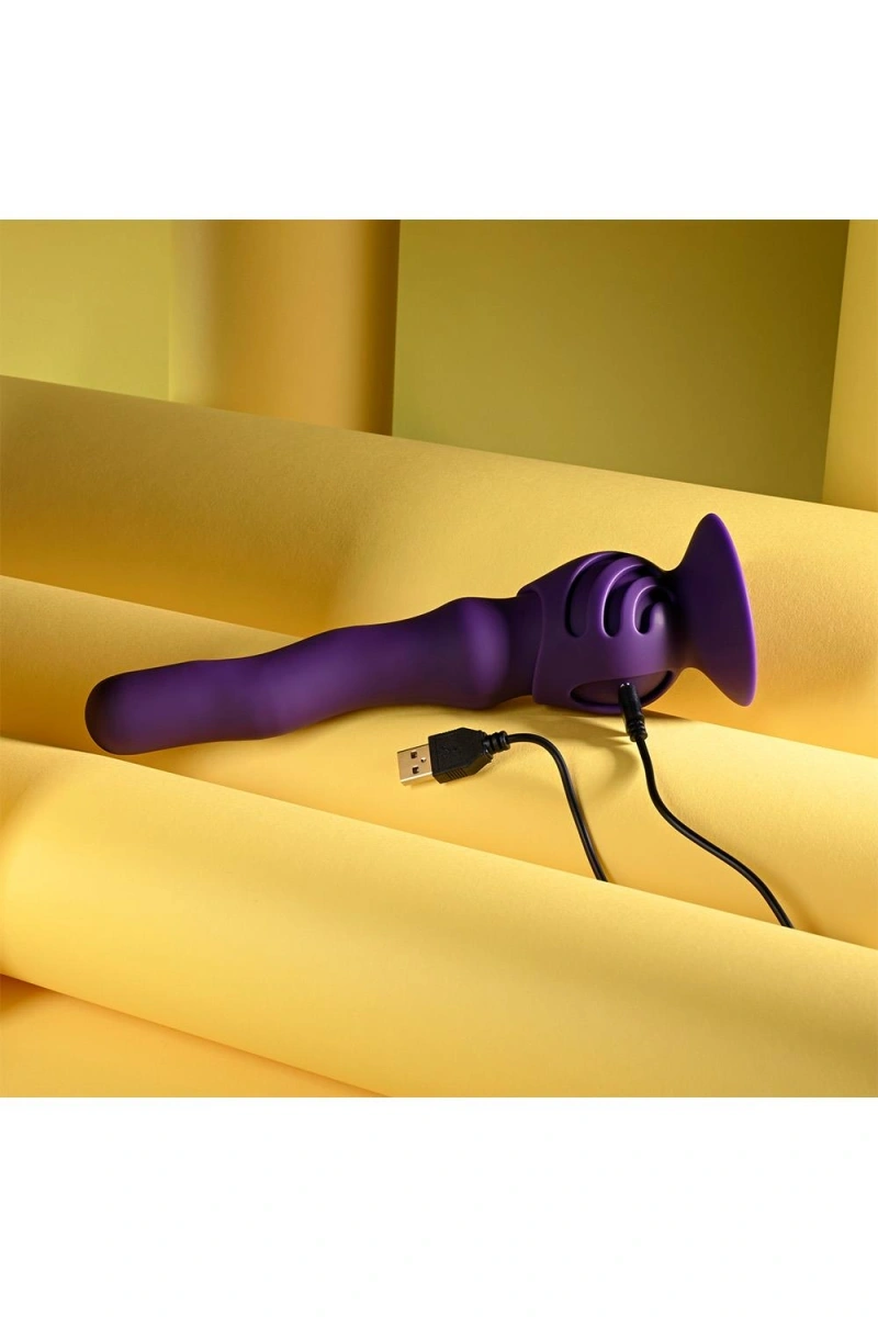 Vibrator Wiggle It cu Suport cu Ventuza, 7 Moduri Vibratii, 3 Moduri Unduire, Silicon, USB, Mov, 23.9 cm, #26, Erotic24.ro