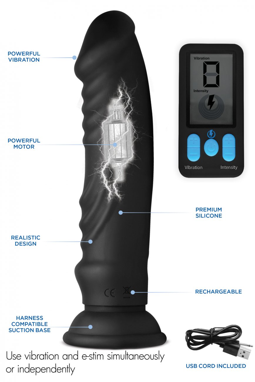 Vibrator E-Stim Pro Remote Control, 5 Functii Vibratii + Electrosocuri, Silicon, USB, Negru, 20.3 cm, #6, Erotic24.ro