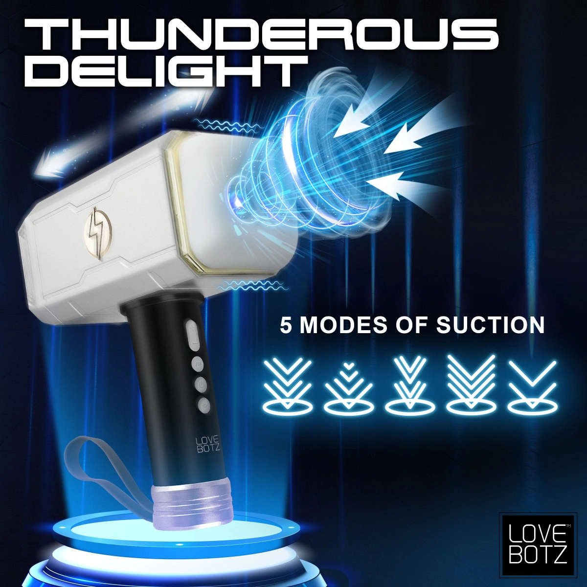 Masturbator Thunder Stroker Thors Hammer, Sucking&Vibrating, TPE, USB, Alb/Negru, 23.1 cm, Nr. 4, Erotic24.ro