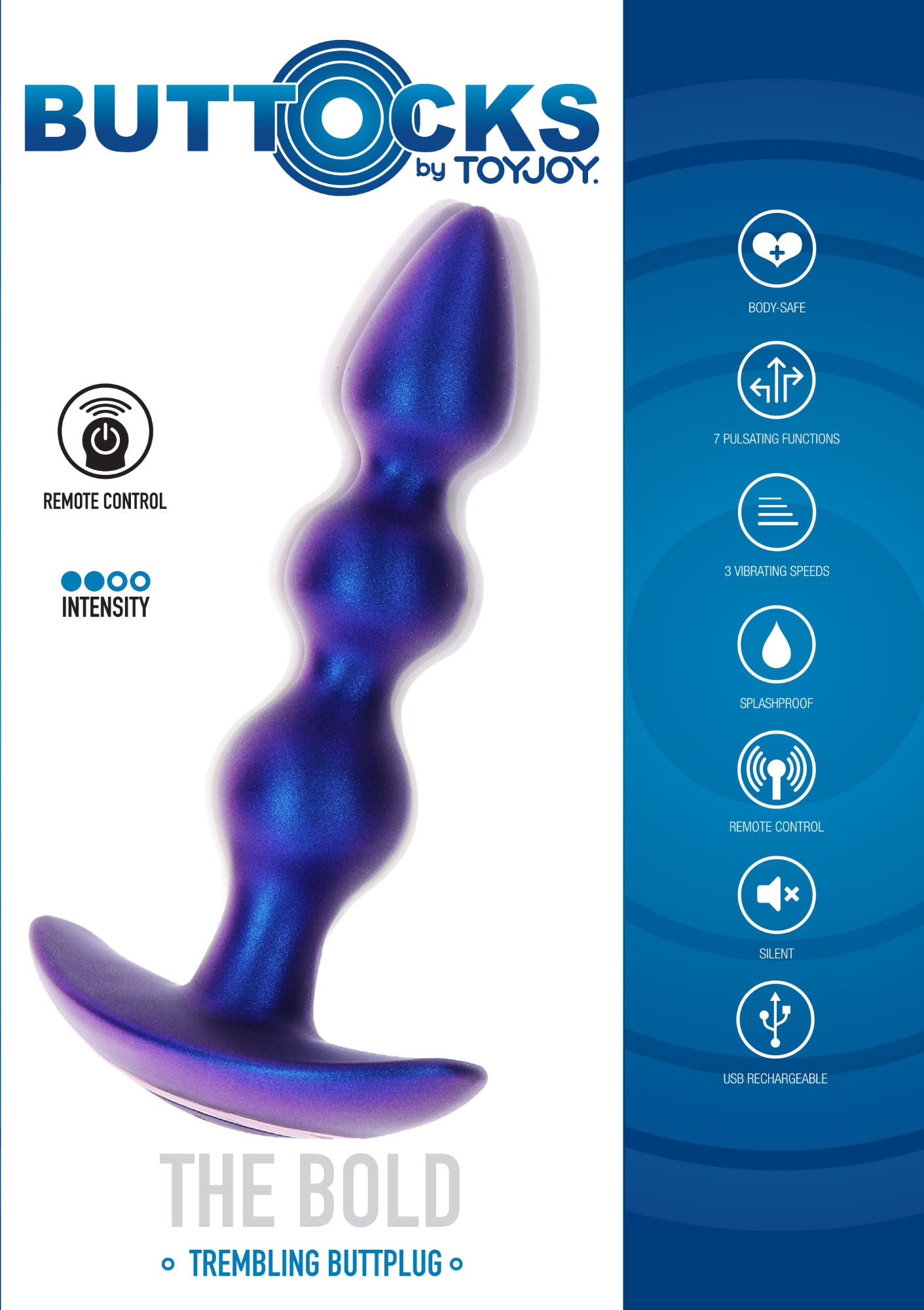 Dop Anal The Bold Buttocks Remote Control 10 Moduri Vibratii Silicon USB Albastru 16 cm, Nr. 6, Erotic24.ro