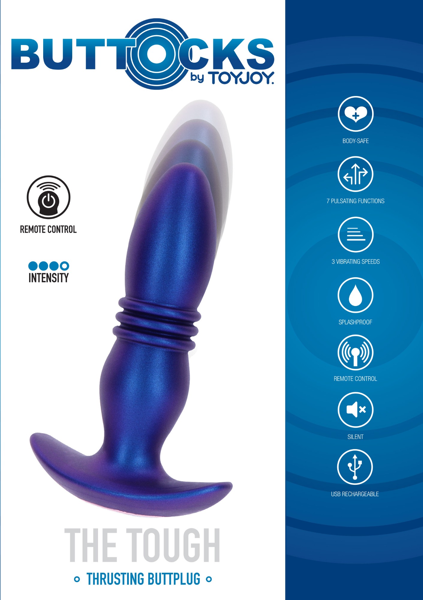 Dop Anal The Tough Buttocks Remote Control 10 Moduri Vibratii+10 Miscari Sus-Jos Silicon USB Albastru 15 cm, #5, Erotic24.ro