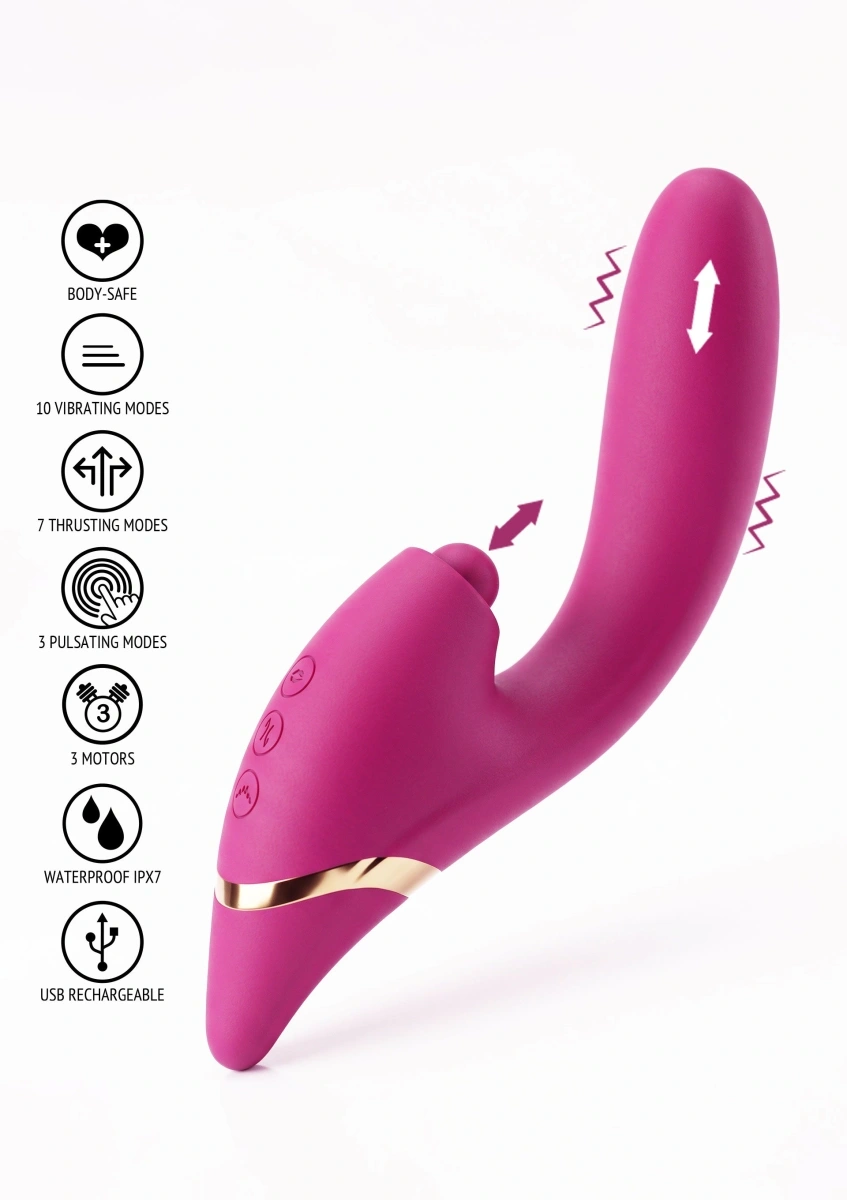 Vibrator Triple Thrill Climaxer, 10 Moduri Vibratii, 7 Moduri Impingere, 3 Moduri Pulsatorii, Silicon, USB, Burgundy, 22 cm, #3, Erotic24.ro