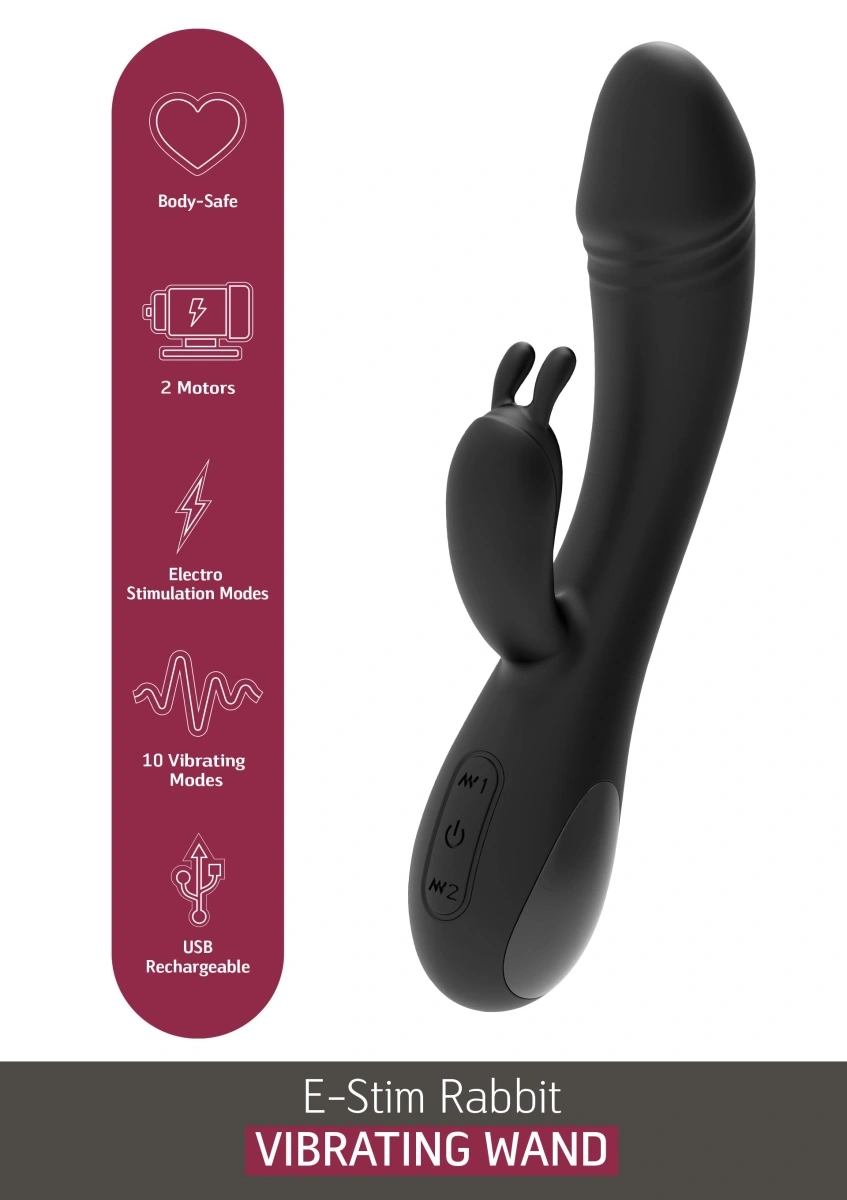 Vibrator Rabbit cu 5 Moduri Electrostimulare, 10 Moduri Vibratii, Silicon, USB, Negru, 20 cm, #5, Erotic24.ro