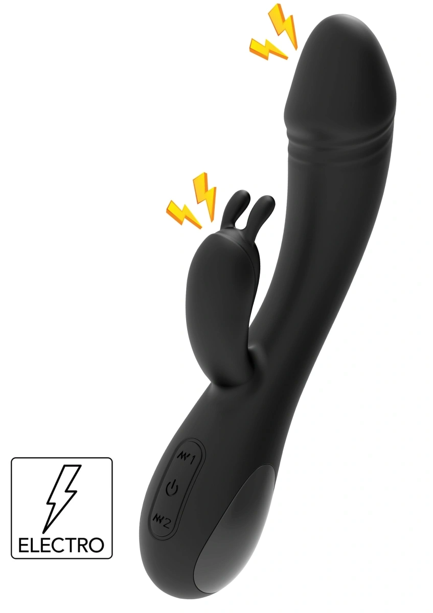 Vibrator Rabbit cu 5 Moduri Electrostimulare, 10 Moduri Vibratii, Silicon, USB, Negru, 20 cm, #1, Erotic24.ro