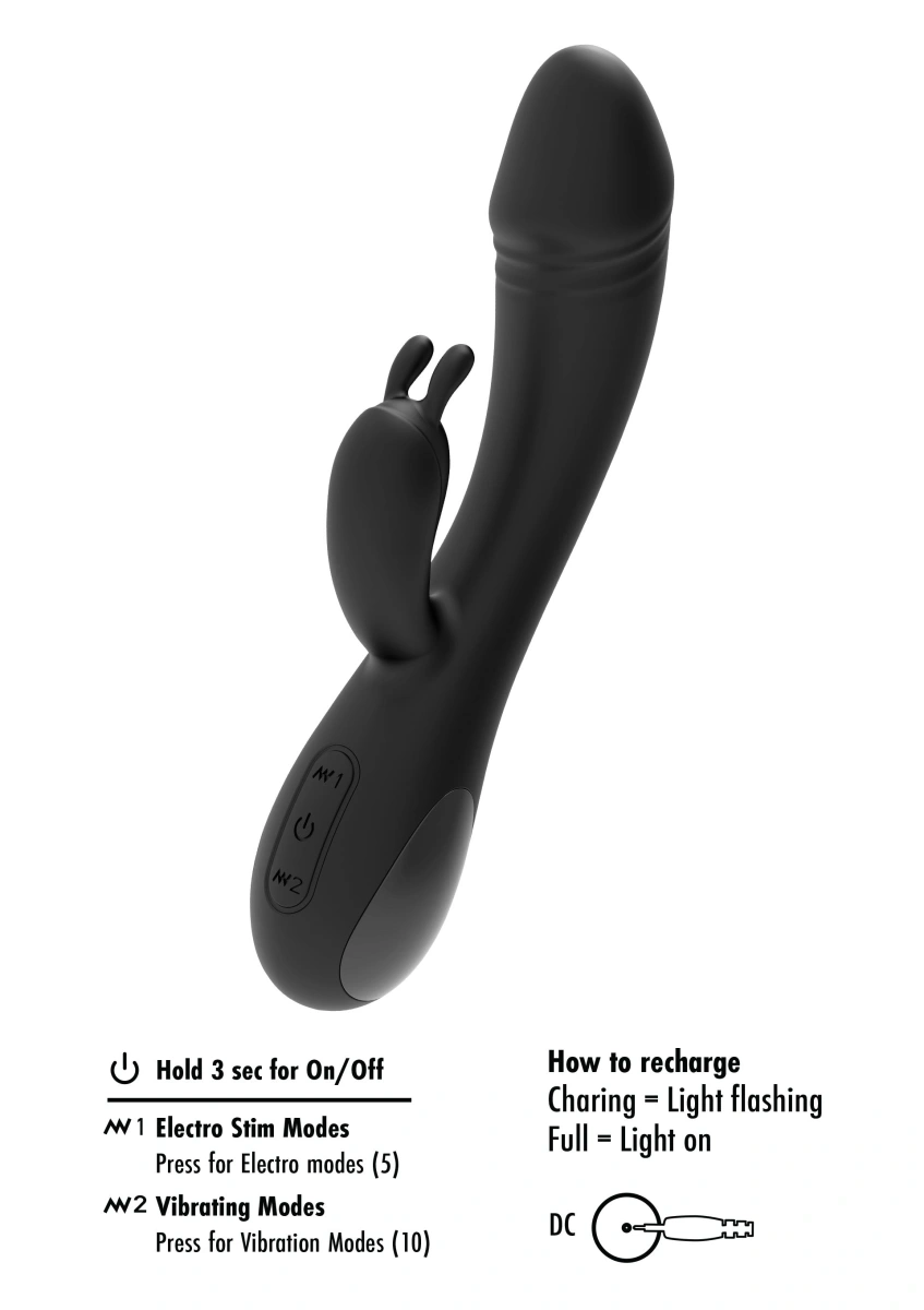 Vibrator Rabbit cu 5 Moduri Electrostimulare, 10 Moduri Vibratii, Silicon, USB, Negru, 20 cm, #6, Erotic24.ro
