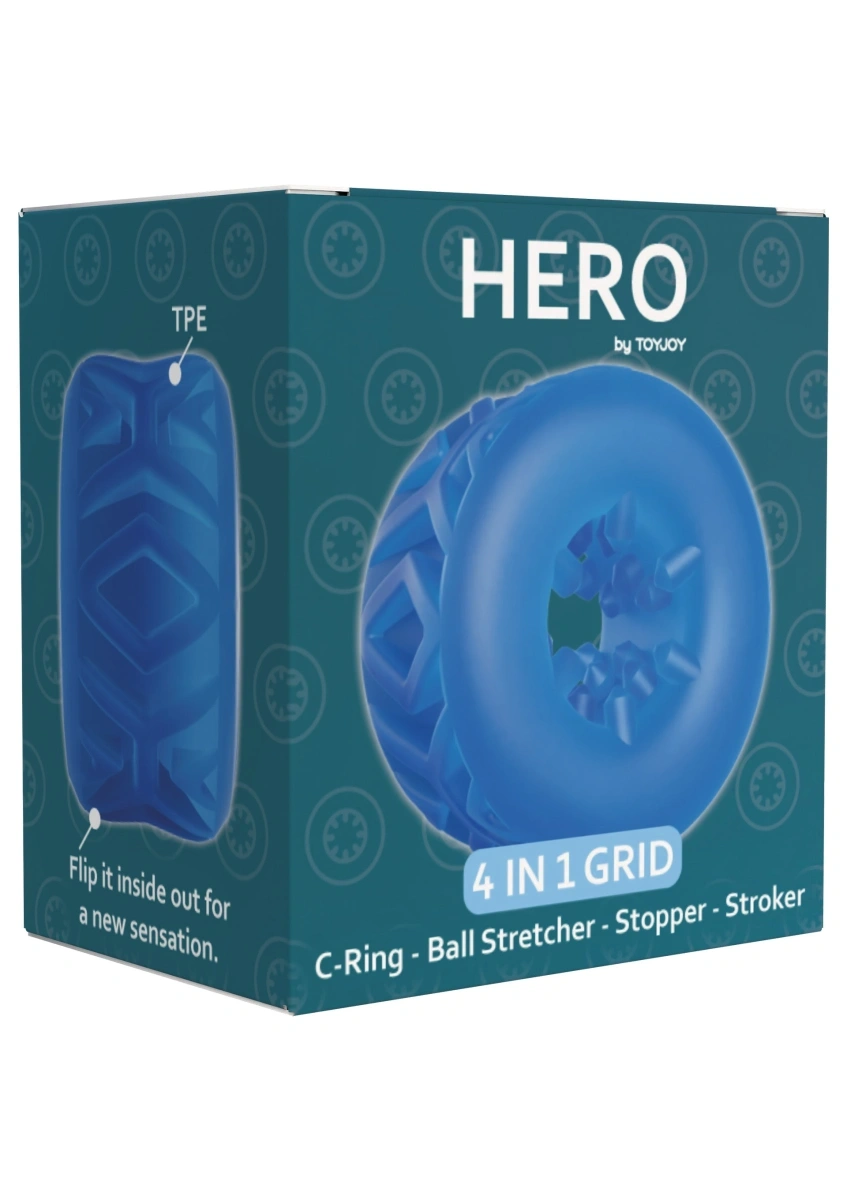 Stimulator Barbati Hero Grid 4 in 1, TPE Moale si Elastic, Albastru, Nr. 7, Erotic24.ro