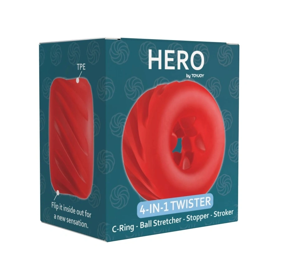 Inel de Penis 4-in-1 Hero Twister,  TPE Elastic, Rosu, #5, Erotic24.ro