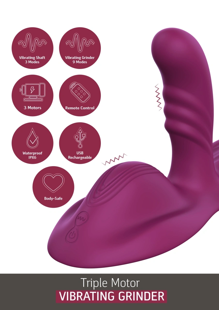 Stimulator Triple Motor Vibrating Grinder, Remote Control, 9 Moduri Vibratii, Silicon Lichid, USB, Mov, 26 cm, #6, Erotic24.ro
