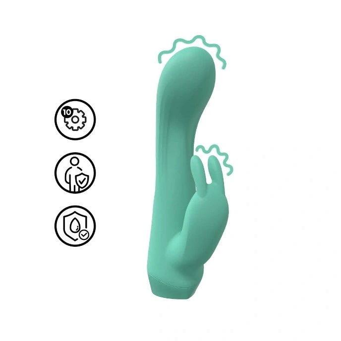Vibrator Mini Dual Rabbit, 10 Moduri Vibratii, Silicon, USB, Verde, 13.5 cm, Nr. 1, Erotic24.ro