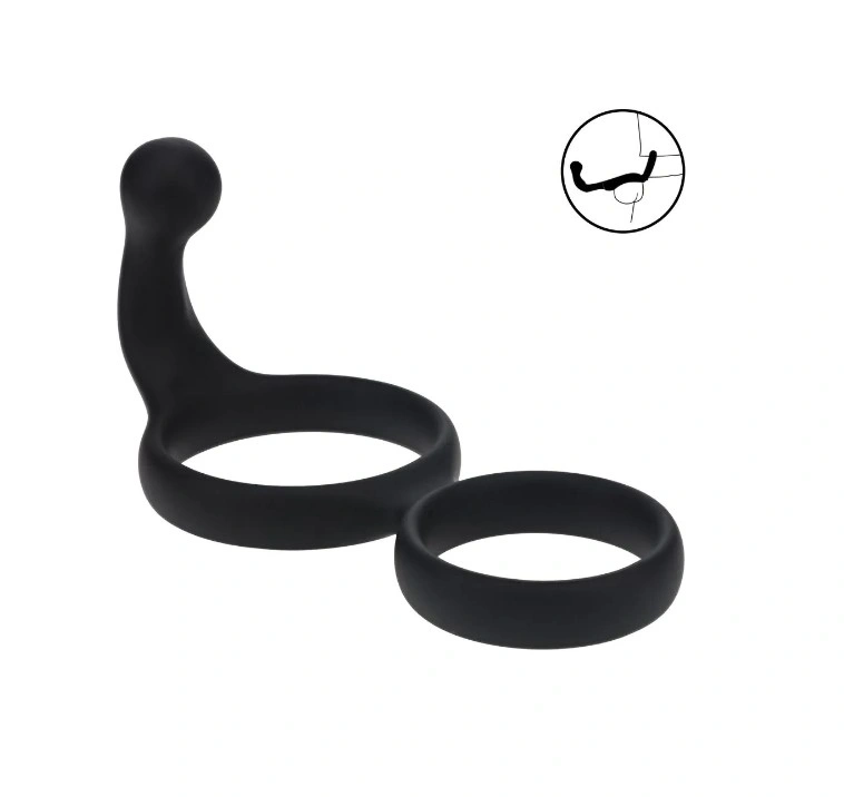Inel Dublu de Penis cu Stimulator Anal, Silicon, Negru, 13.7 cm, Nr. 1, Erotic24.ro
