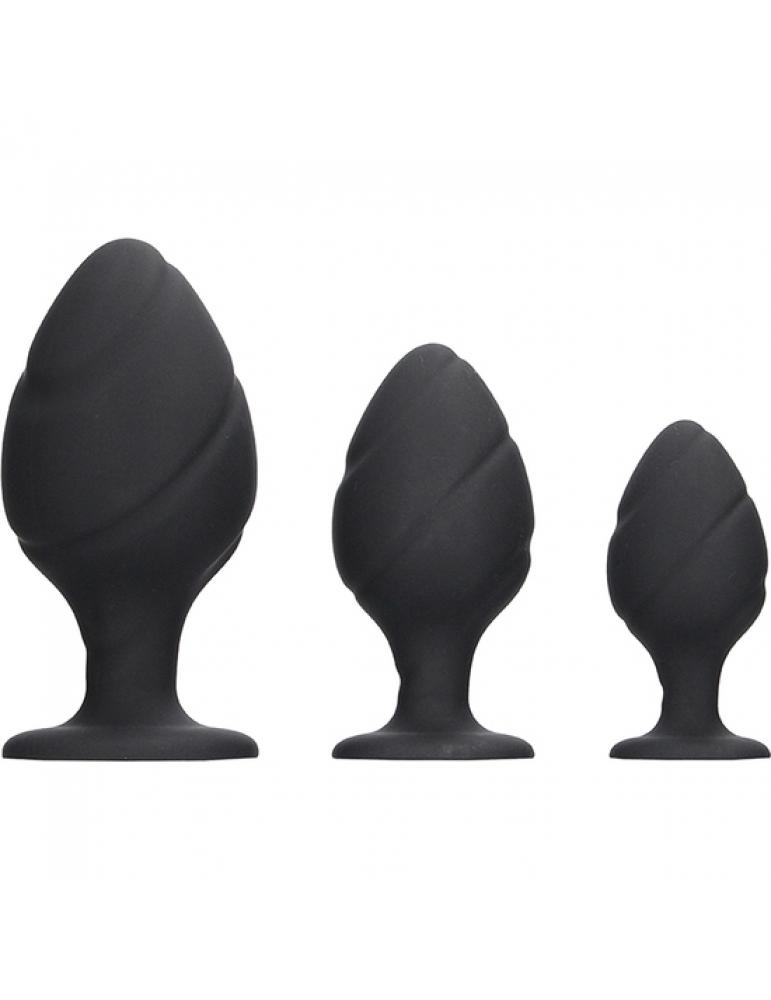 Kit 3 Dopuri Swirled Butt Plug Silicon Negru