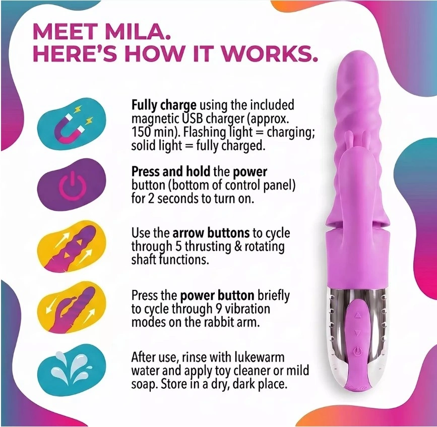 Vibrator Iepuras Mila, Vibratii, Rotatii, Impingere, Silicon, USB, Mov, 25.7 cm, #9, Erotic24.ro
