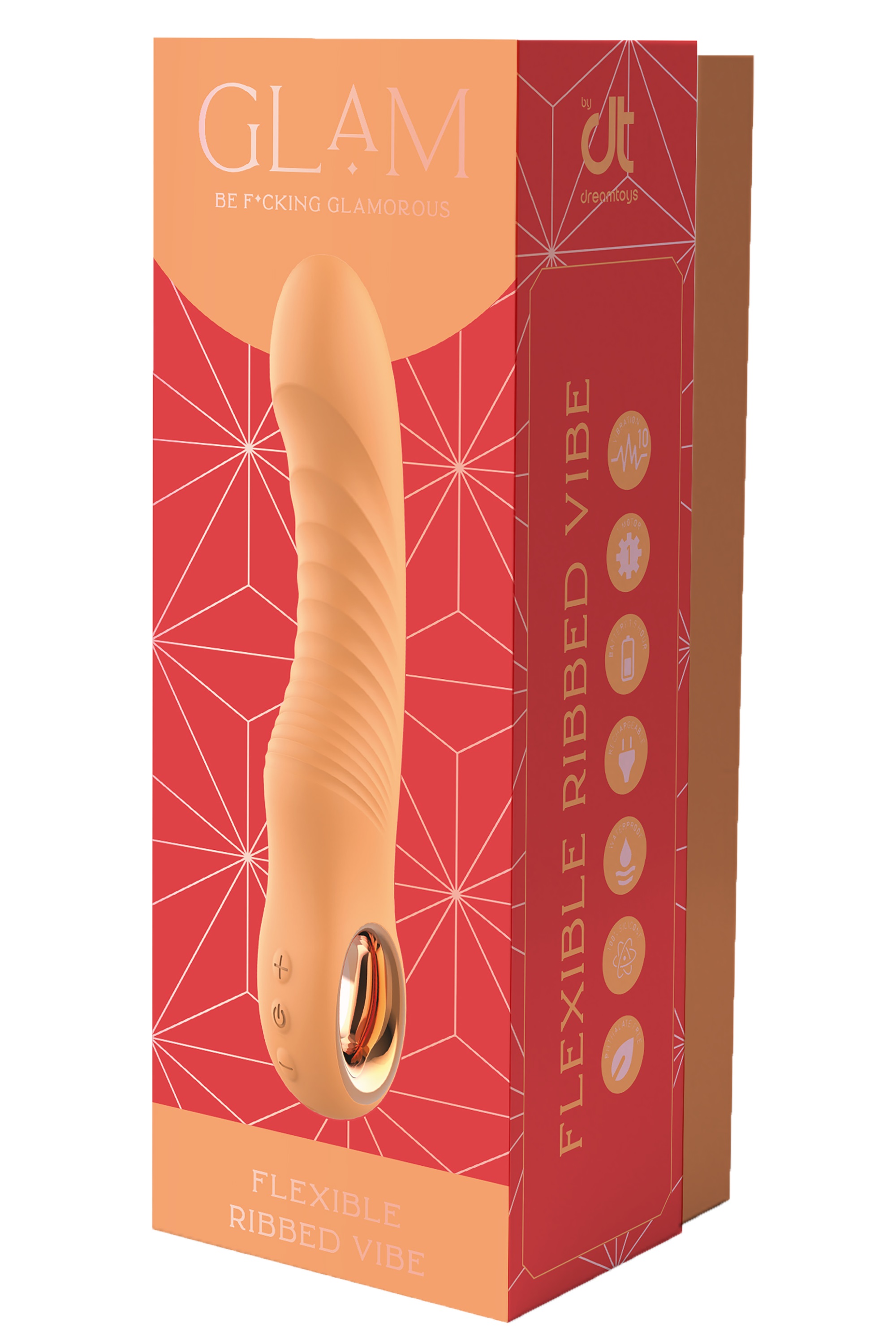 Vibrator Ribbed Vibe Glam, 10 Moduri Vibratii, Silicon, USB, Portocaliu, 22 cm, #8, Erotic24.ro