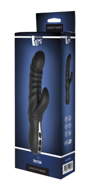 Vibrator Rabbit Triton 10 Moduri Vibratii Silicon Lichid USB Negru 23 cm Midnight Magic, Nr. 4, Erotic24.ro