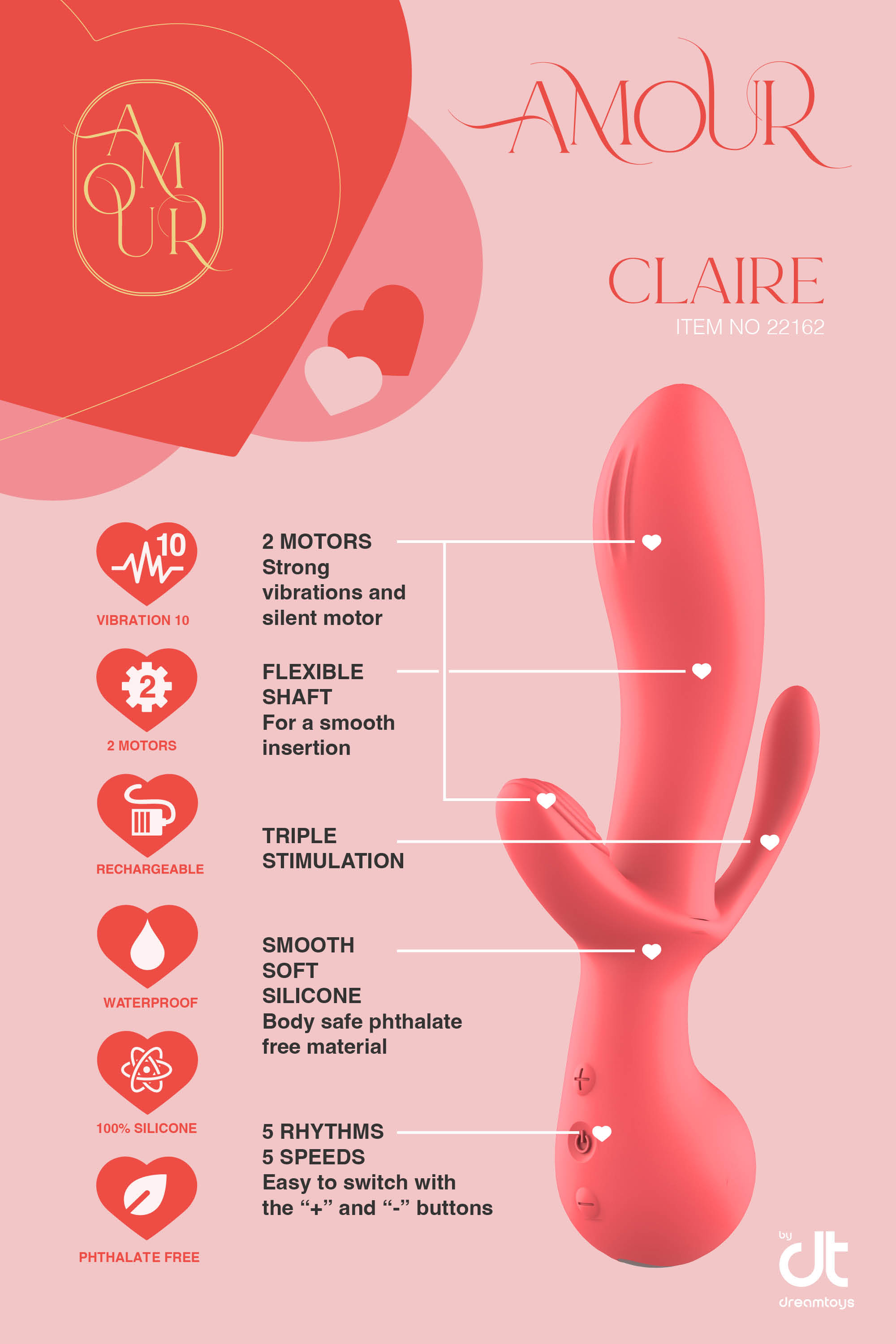 Vibrator Amour Claire Triple Pleasure, 10 Moduri Vibratii, Silicon, USB, Roz, 22 cm, #4, Erotic24.ro