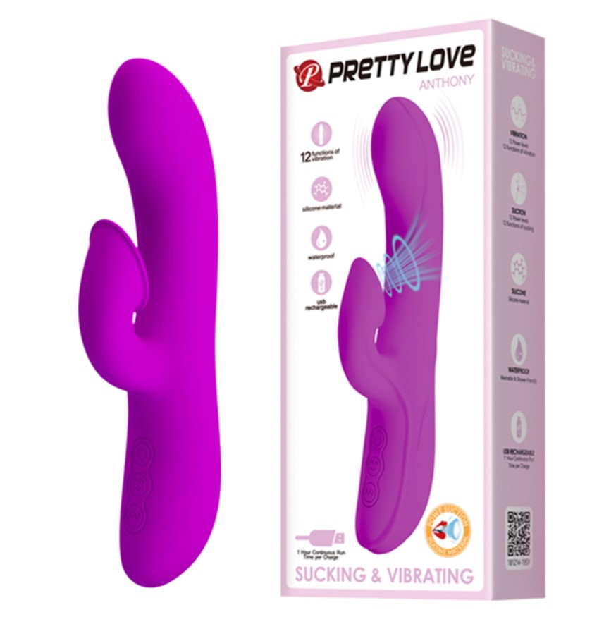Vibrator Pretty Love Anthony, 12 Moduri Vibratii, 12 Moduri Suctiune, Silicon, USB, Mov, 19 cm