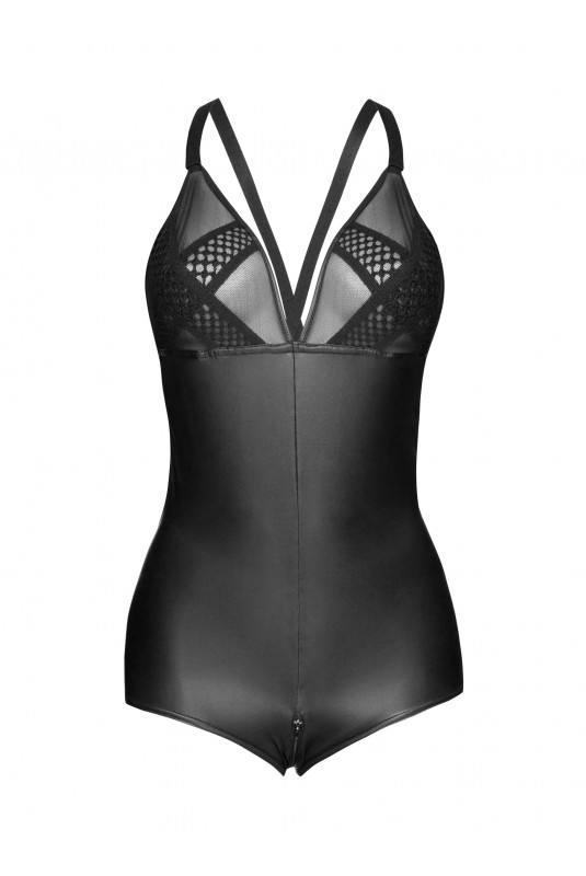Body-Salopeta Crotchless Material Wetlook si Plasa M, #3, Erotic24.ro