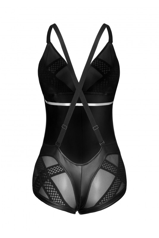 Body-Salopeta Crotchless Material Wetlook si Plasa S, #4, Erotic24.ro