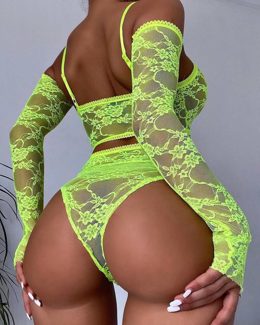 Set 3 Piese Lenjerie Dantela, Verde Neon, S, JGF Lingerie, #2, Erotic24.ro