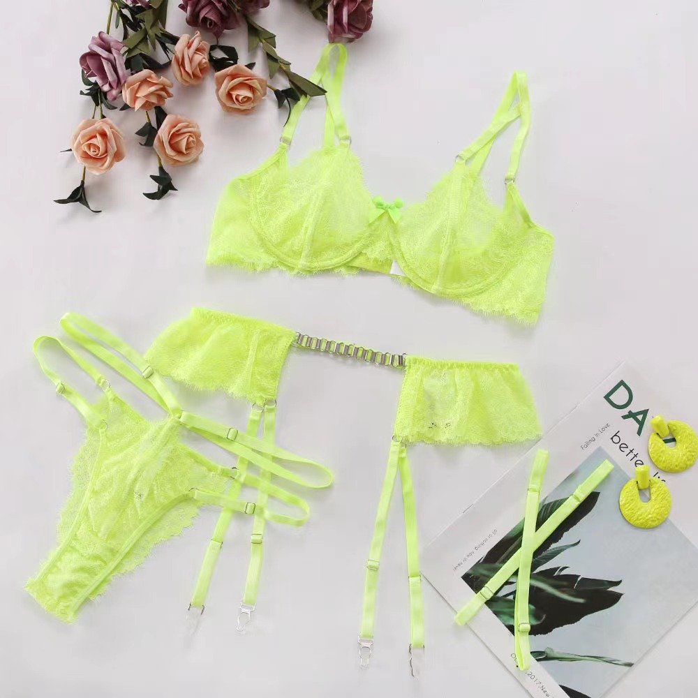 Set 4 Piese Lenjerie Dantela, Verde Neon, L, JGF Lingerie, Nr. 6, Erotic24.ro
