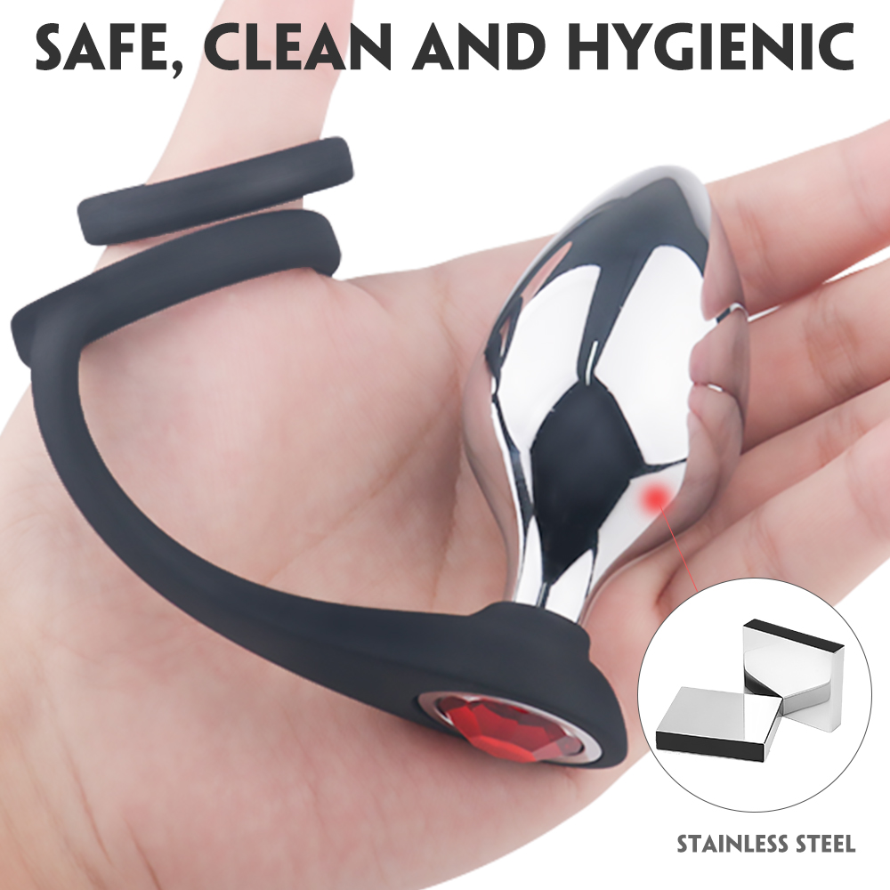 Inel Dublu de Penis Silicon cu 3 Dopuri Anale Metalice Guilty Toys, #9, Erotic24.ro