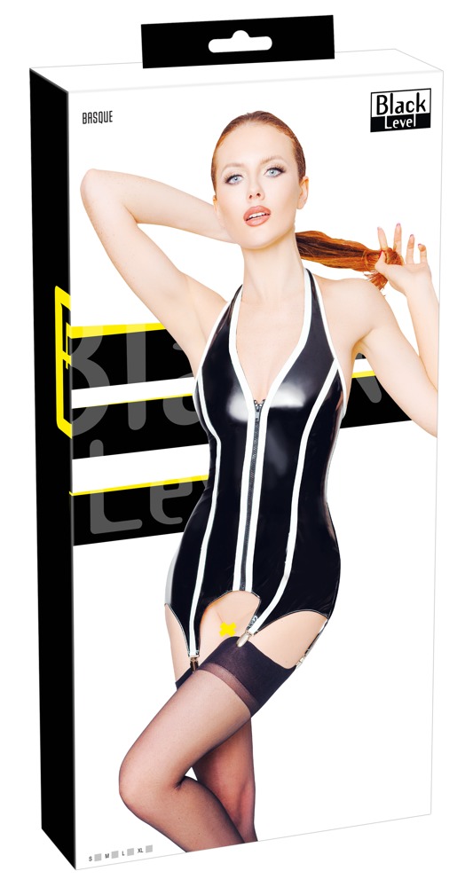 Corset din Vinil cu Jartiere, Negru/Alb, M, Nr. 8, Erotic24.ro